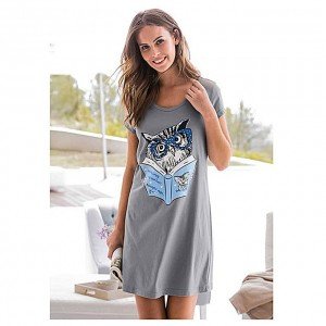 Grey Cotton Owl Print Long Shirt For Her