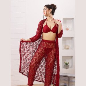 Women's Erotic Transparent lace Robe Lingerie with Bikini LC-002